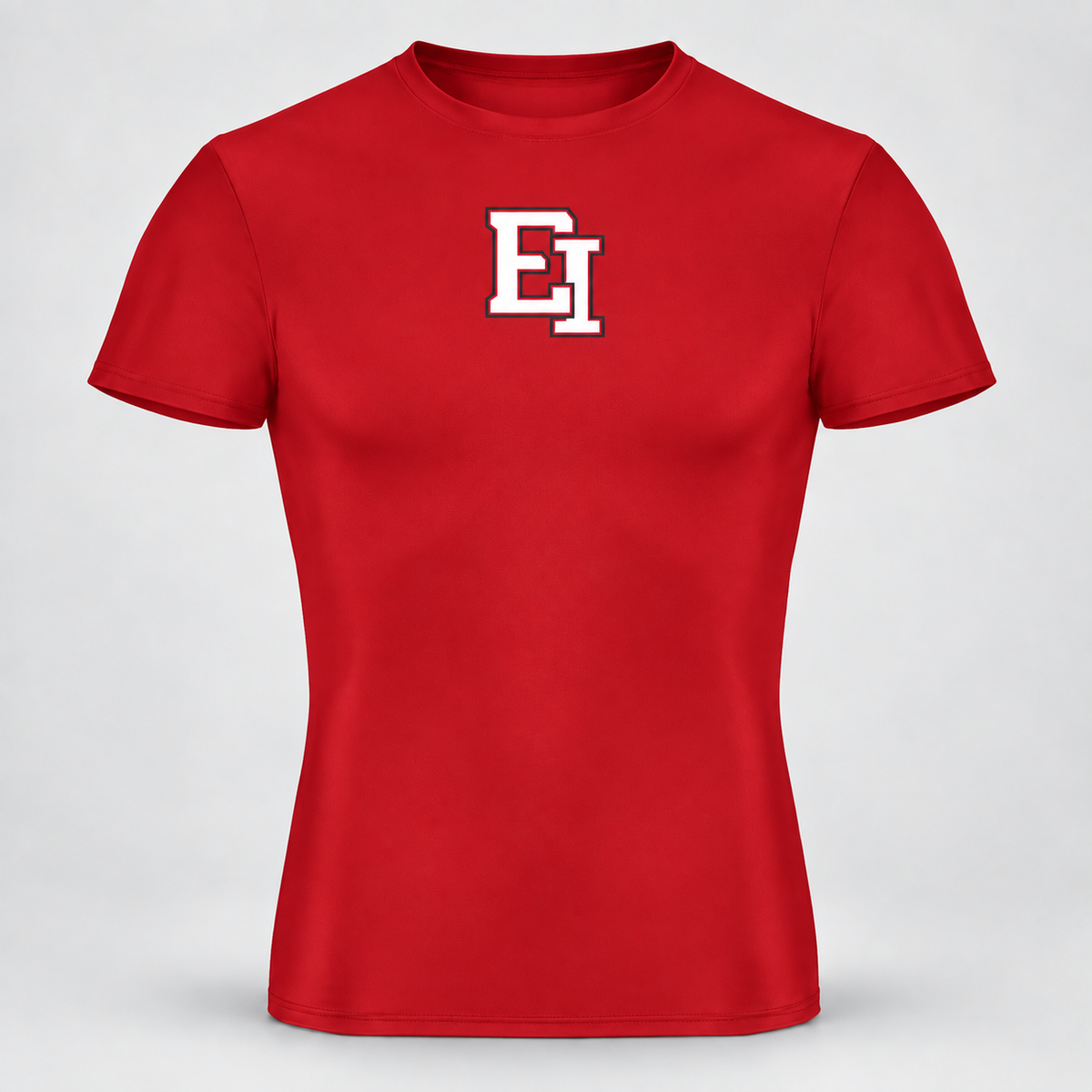 East Islip EI compression training shirt in red with a small centered varsity monogram