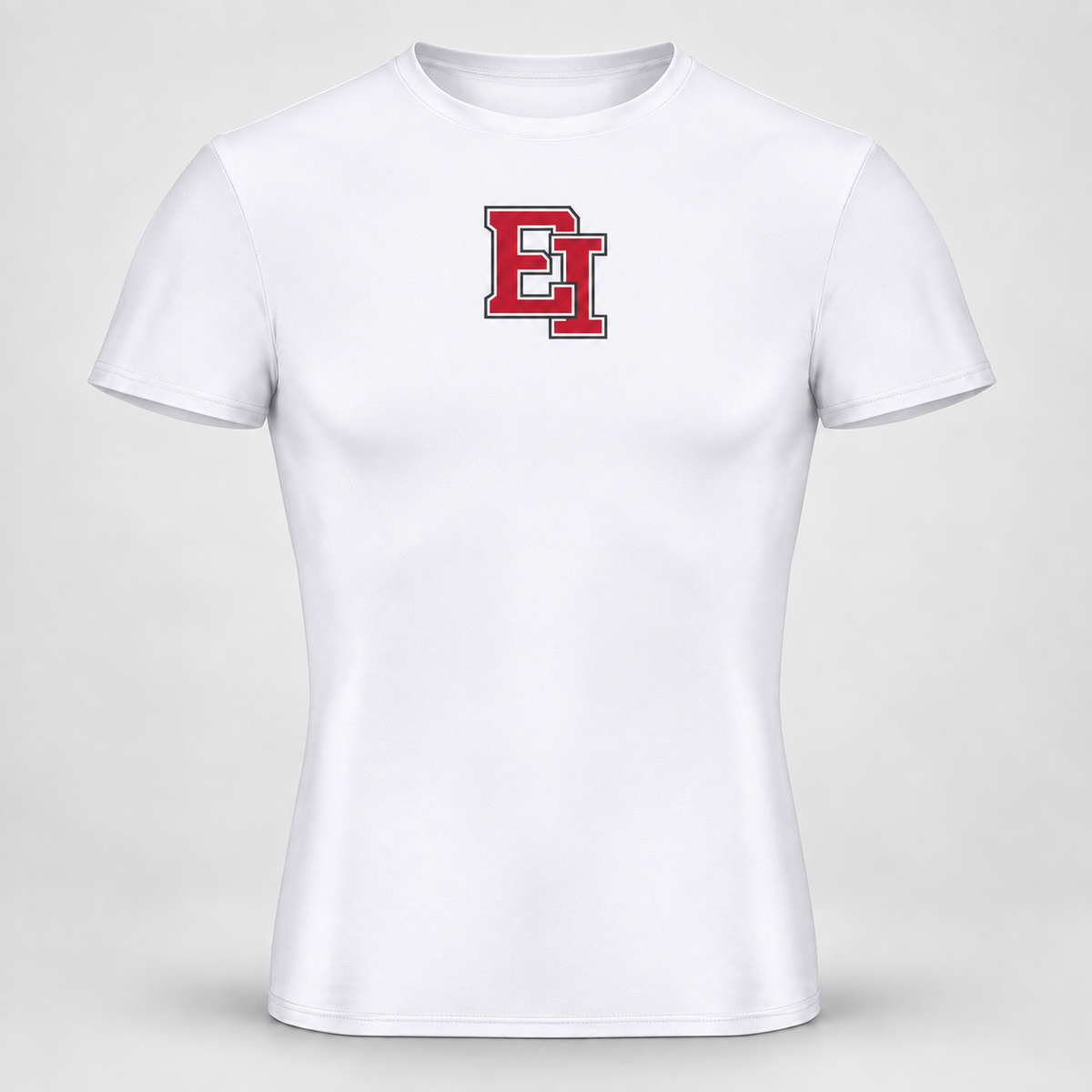 East Islip EI compression training shirt in white with a small centered varsity monogram