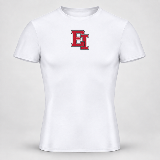 East Islip EI compression training shirt in white with a small centered varsity monogram