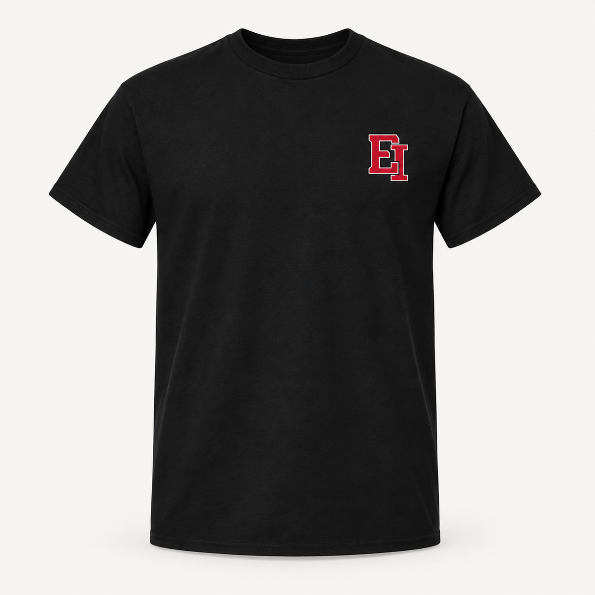 Black EI Varsity Monogram T-Shirt with small wearer-left chest print, front view