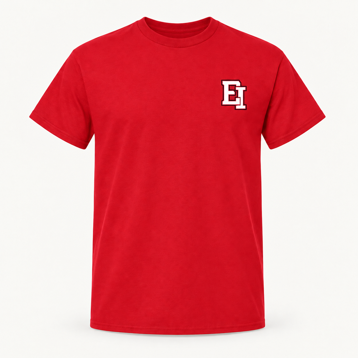 Red EI Varsity Monogram T-Shirt with small wearer-left chest print, front view