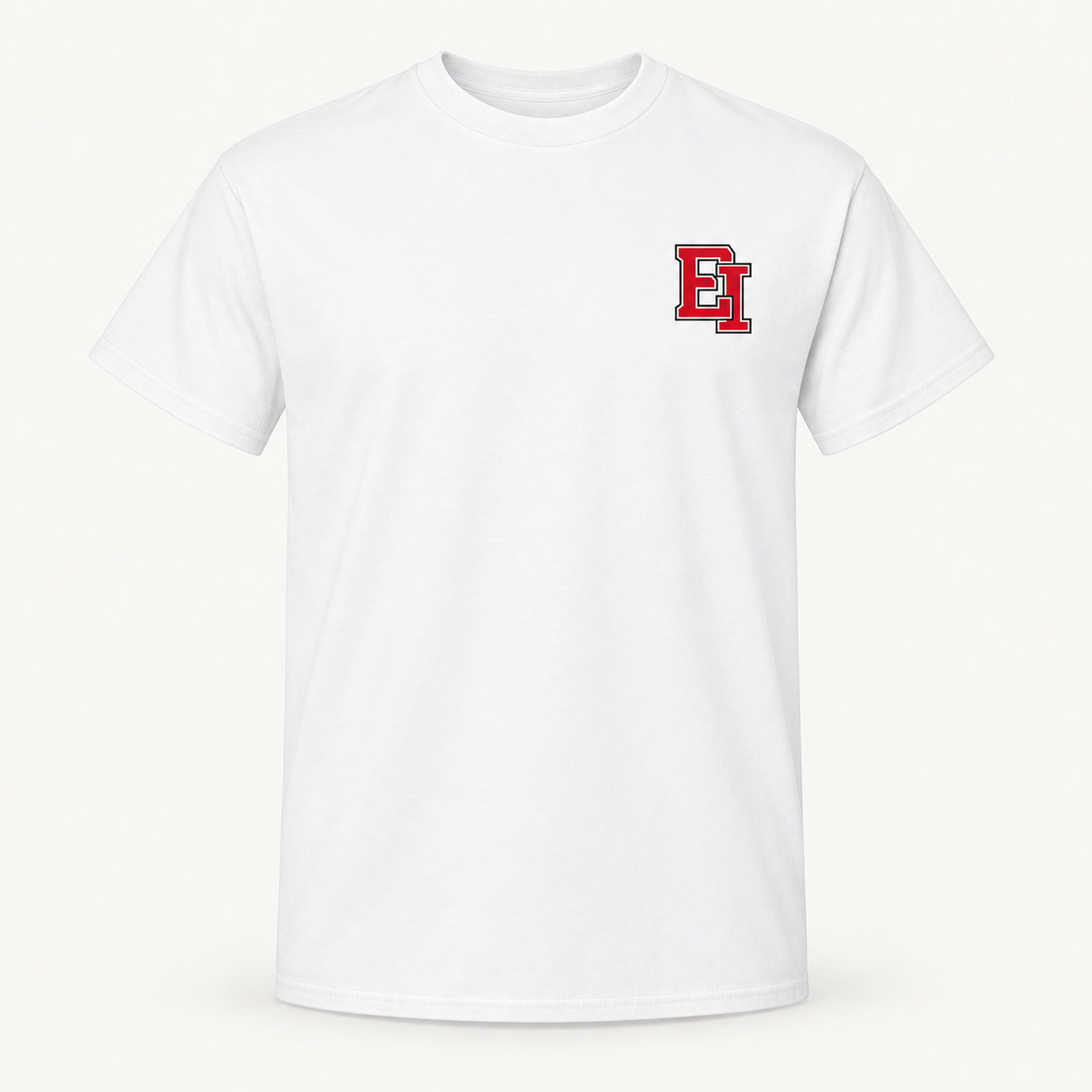 White EI Varsity Monogram T-Shirt with small wearer-left chest print, front view