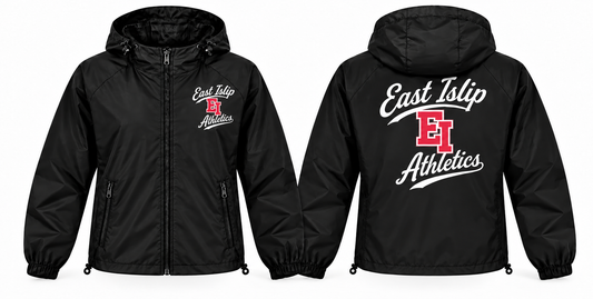 East Islip Athletics black full-zip windbreaker front and back