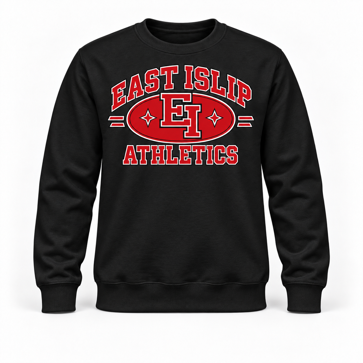 East Islip Heritage Athletics Crewneck Sweatshirt in Black, front view with East Islip graphic