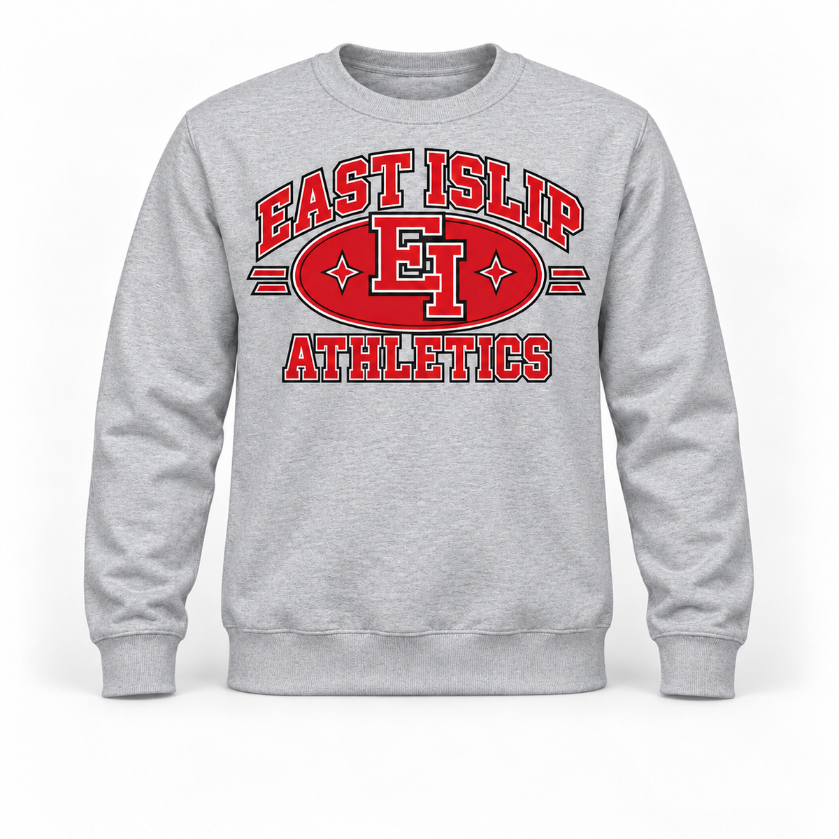 East Islip Heritage Athletics Crewneck Sweatshirt in Heather Gray, front view with East Islip graphic
