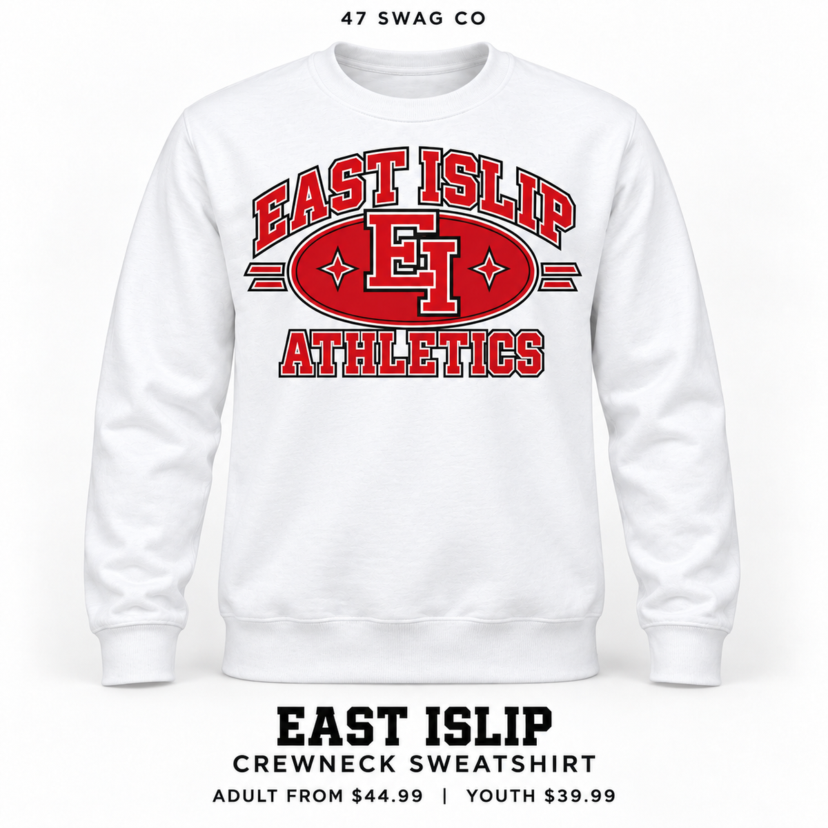 East Islip Heritage Athletics Crewneck Sweatshirt in White, front view with East Islip graphic