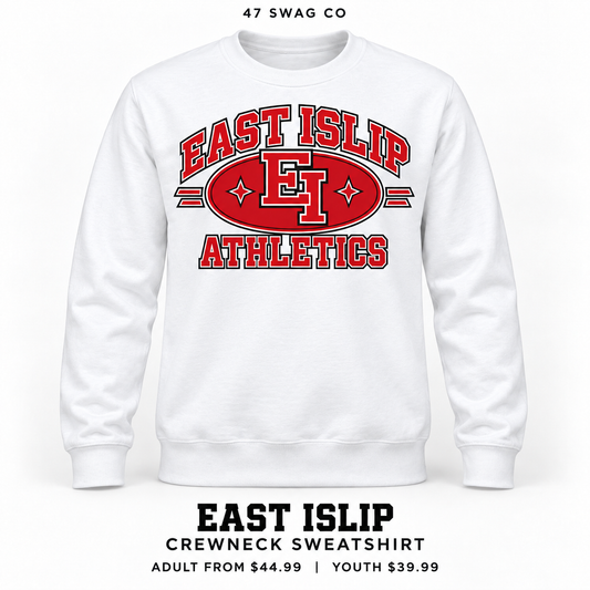 East Islip Heritage Athletics Crewneck Sweatshirt in White, front view with East Islip graphic