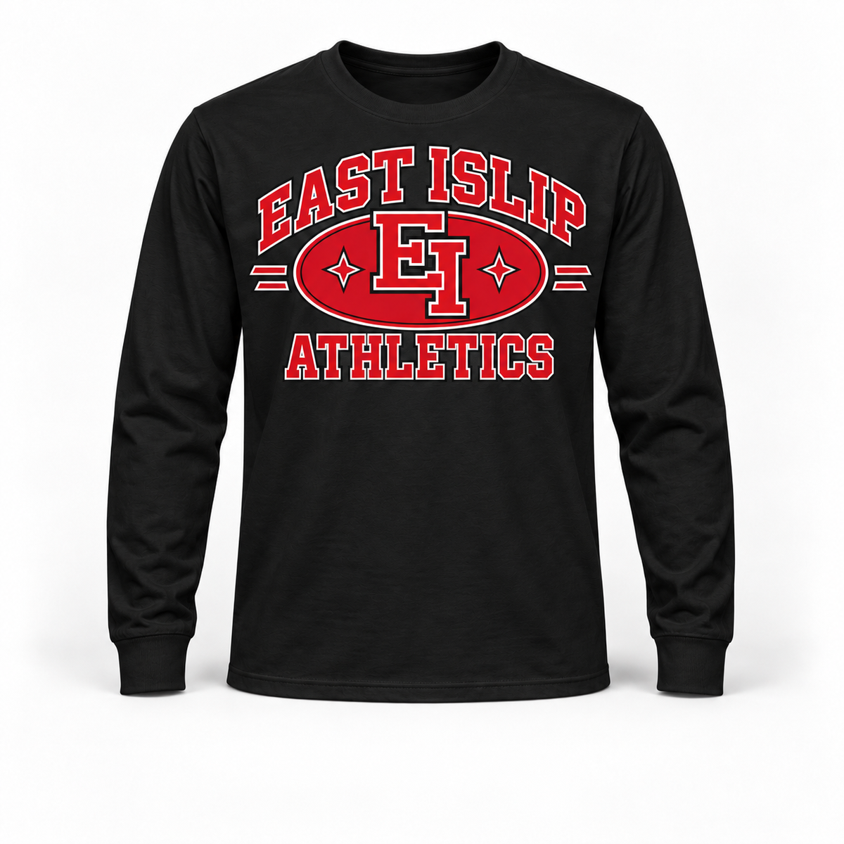 East Islip Heritage Athletics Long Sleeve Tee in Black, front view with East Islip graphic