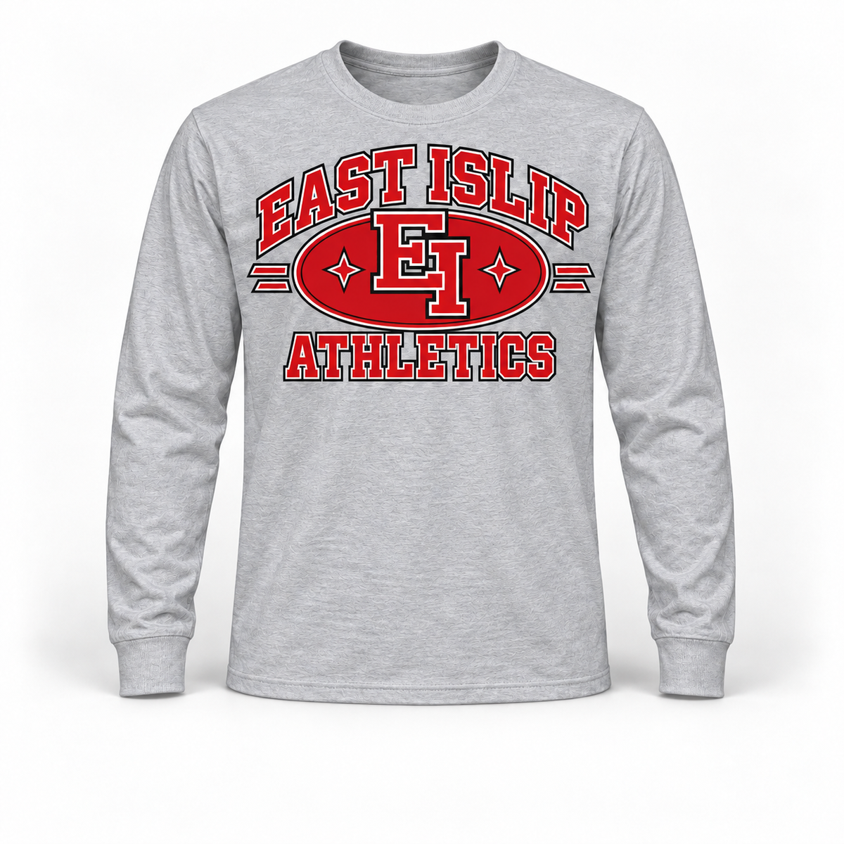 East Islip Heritage Athletics Long Sleeve Tee in Heather Gray, front view with East Islip graphic