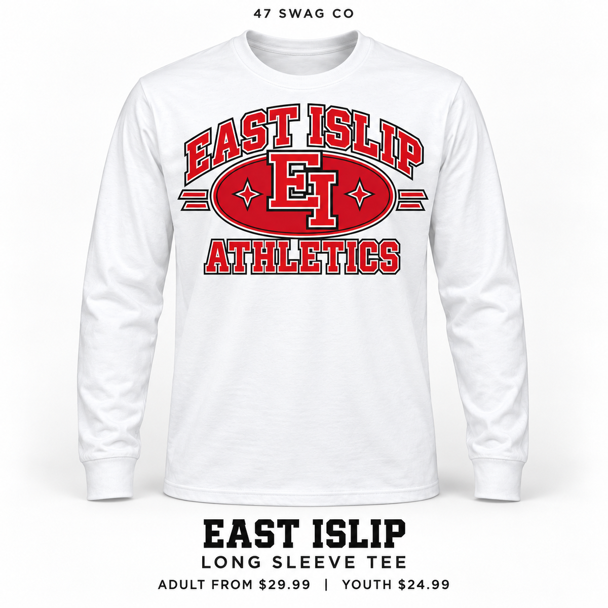 East Islip Heritage Athletics Long Sleeve Tee in White, front view with East Islip graphic