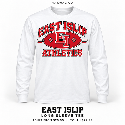 East Islip Heritage Athletics Long Sleeve Tee in White, front view with East Islip graphic