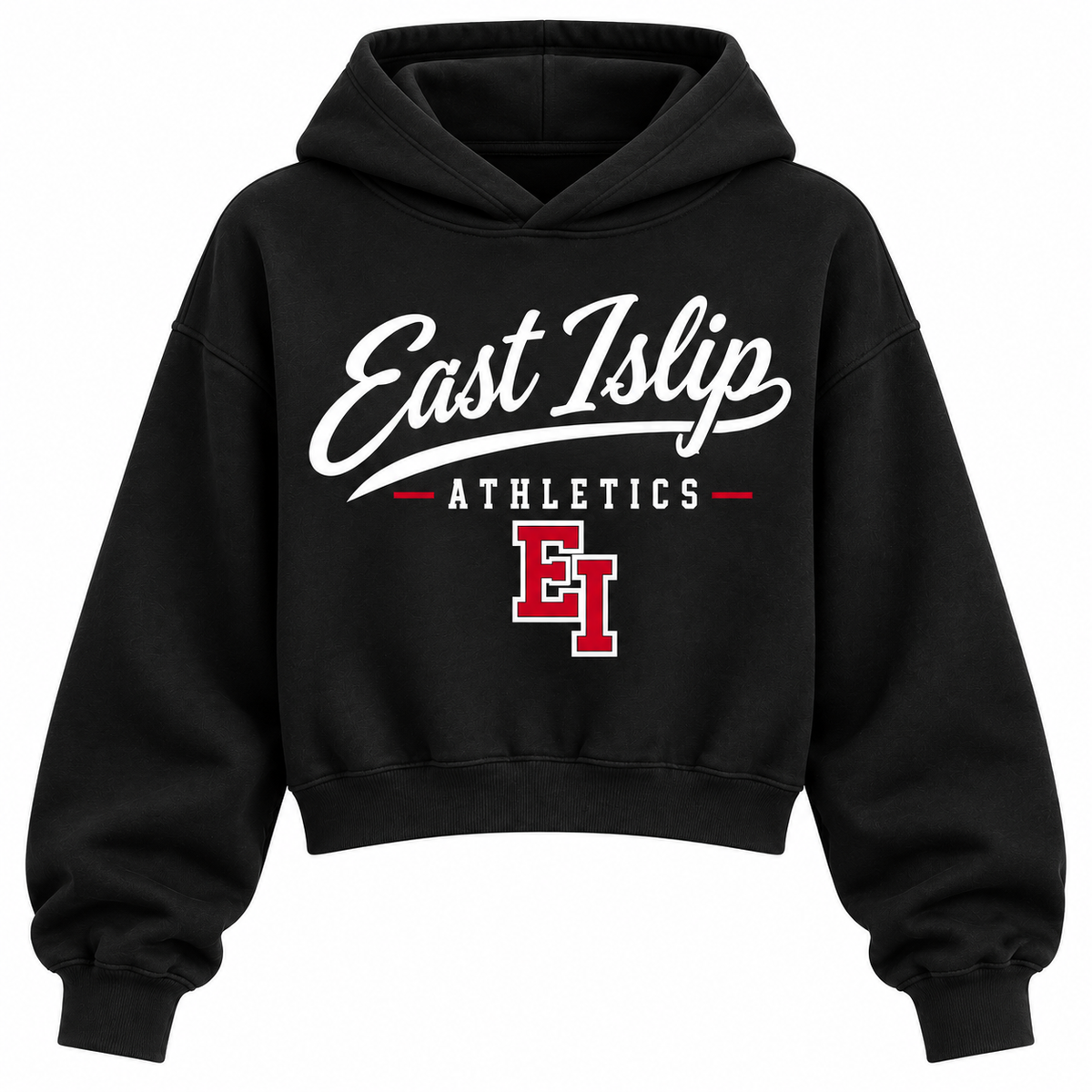 East Islip Athletics black cropped hoodie with heritage school script and varsity monogram on front