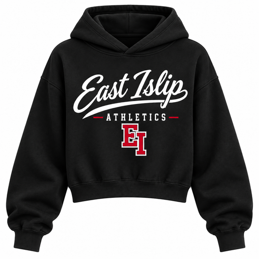 East Islip Athletics black cropped hoodie with heritage school script and varsity monogram on front