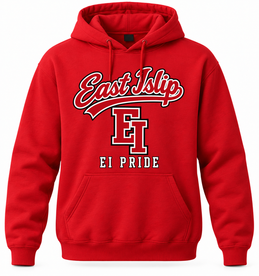 East Islip Heritage Script Adult Hoodie in Red