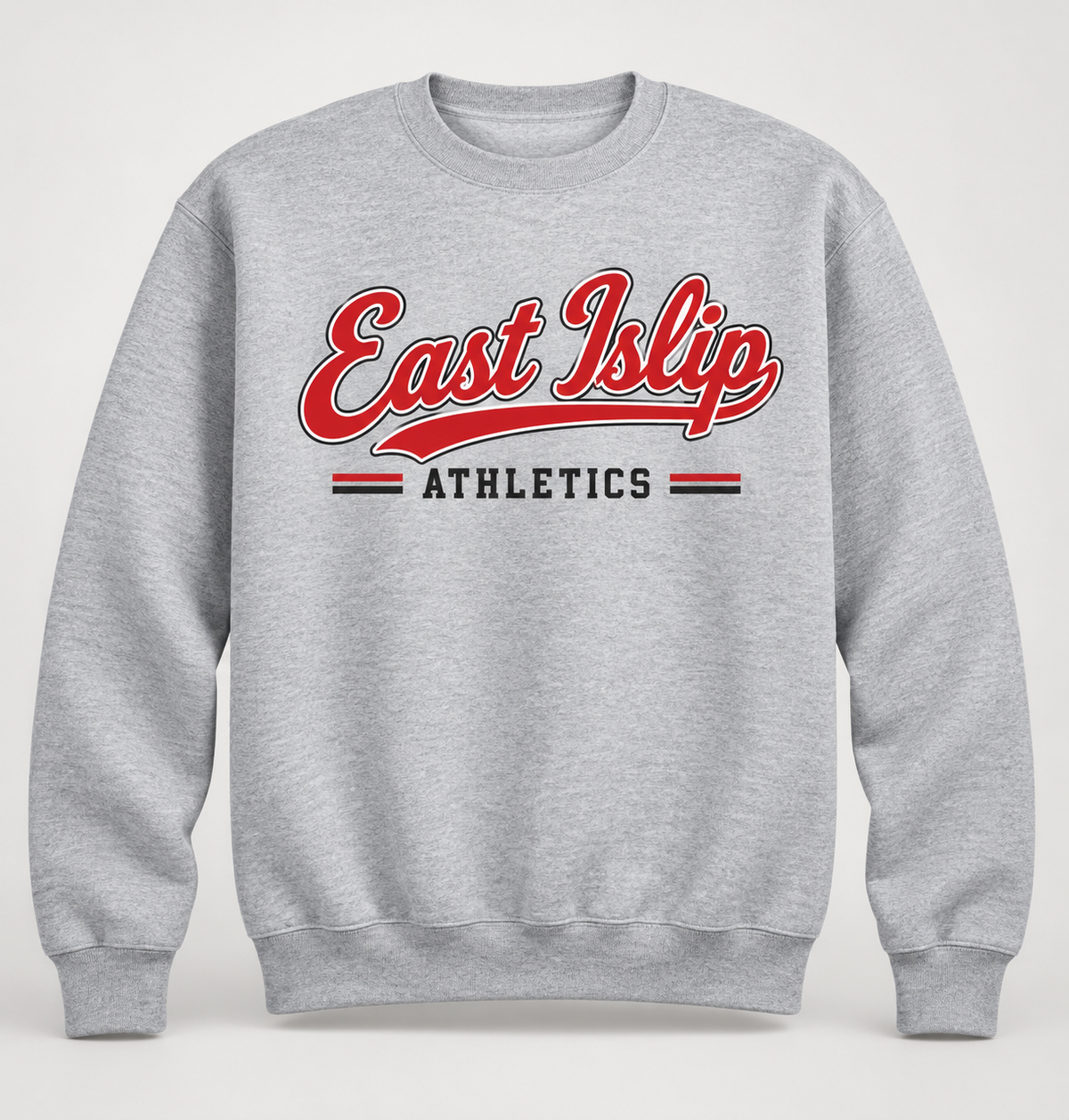 East Islip Heritage Script Crewneck Sweatshirt in Heather Gray — front view