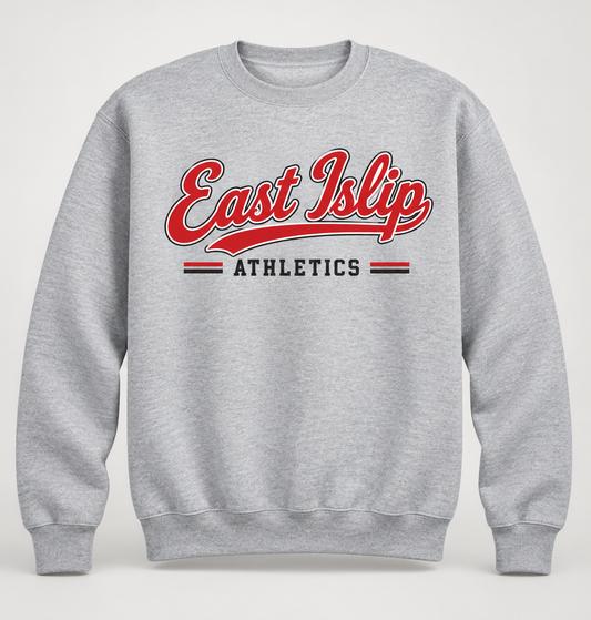 East Islip Heritage Script Crewneck Sweatshirt in Heather Gray — front view