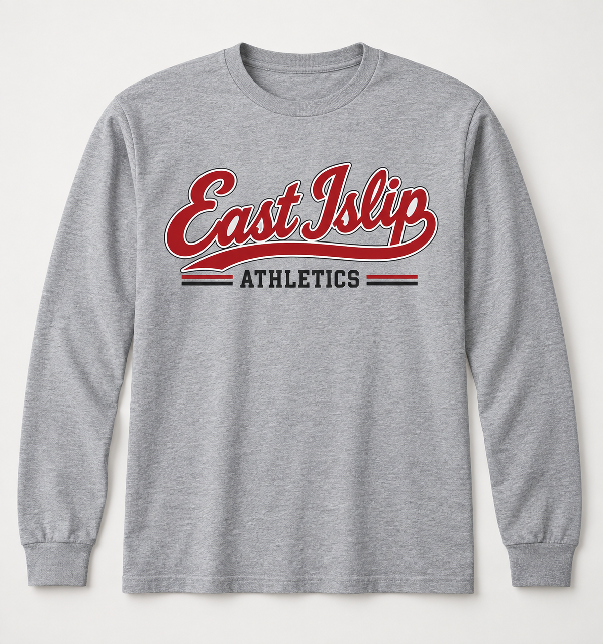 East Islip Heritage Script Long Sleeve Tee in Heather Gray — front view