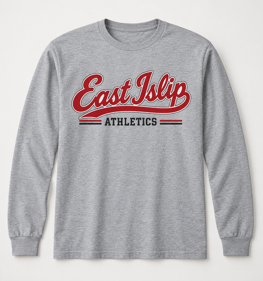 East Islip Heritage Script Long Sleeve Tee in Heather Gray — front view