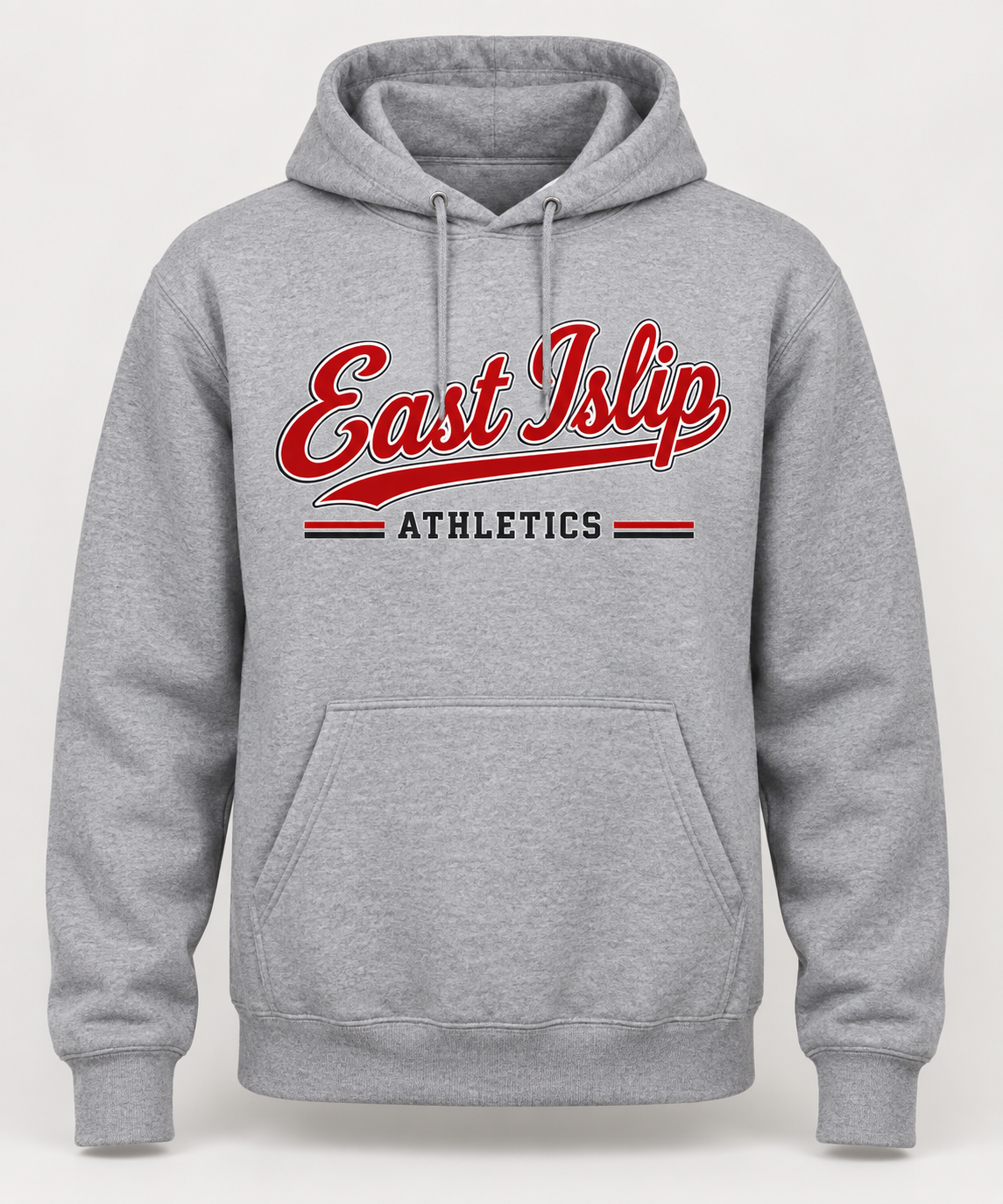 East Islip Heritage Script Pullover Hoodie in Heather Gray — front view