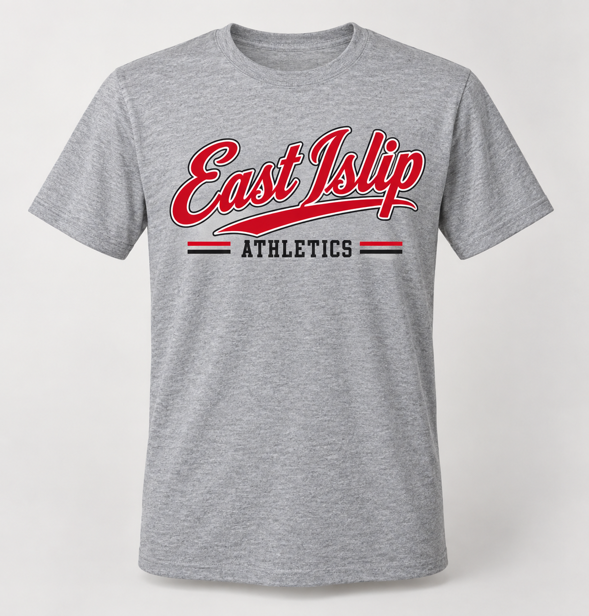 East Islip Heritage Script Tee in Heather Gray — front view