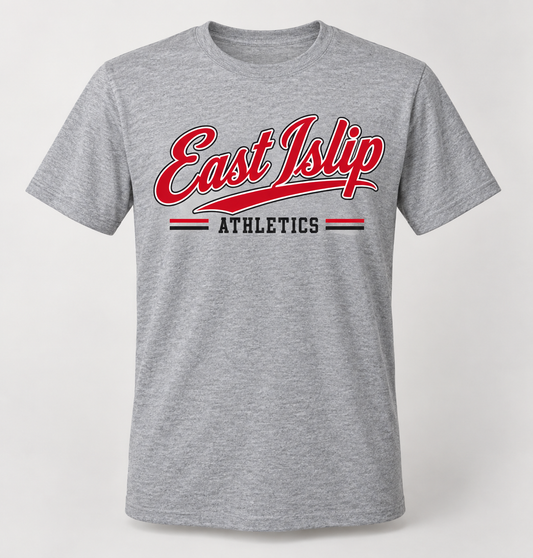East Islip Heritage Script Tee in Heather Gray — front view