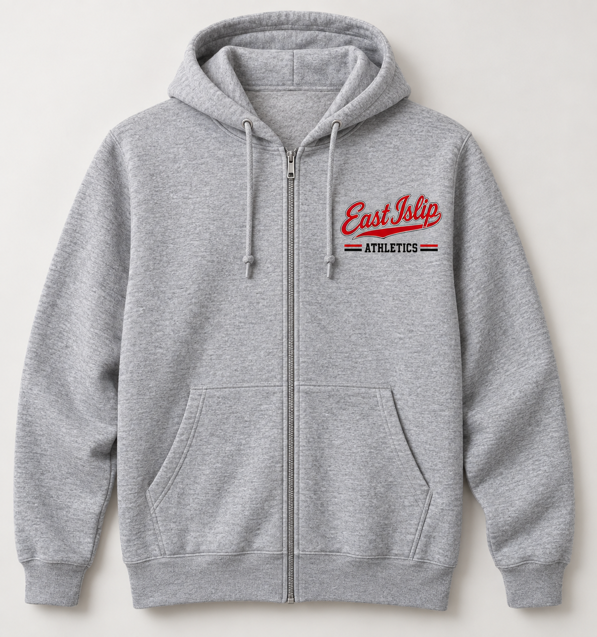 East Islip Heritage Script Zip Hoodie in Heather Gray — front view