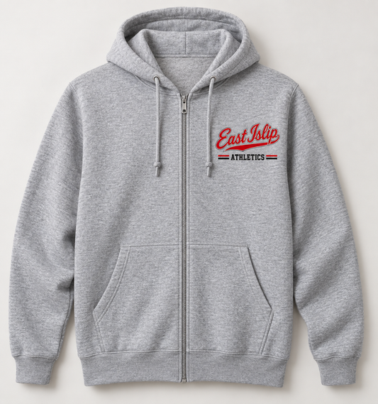 East Islip Heritage Script Zip Hoodie in Heather Gray — front view