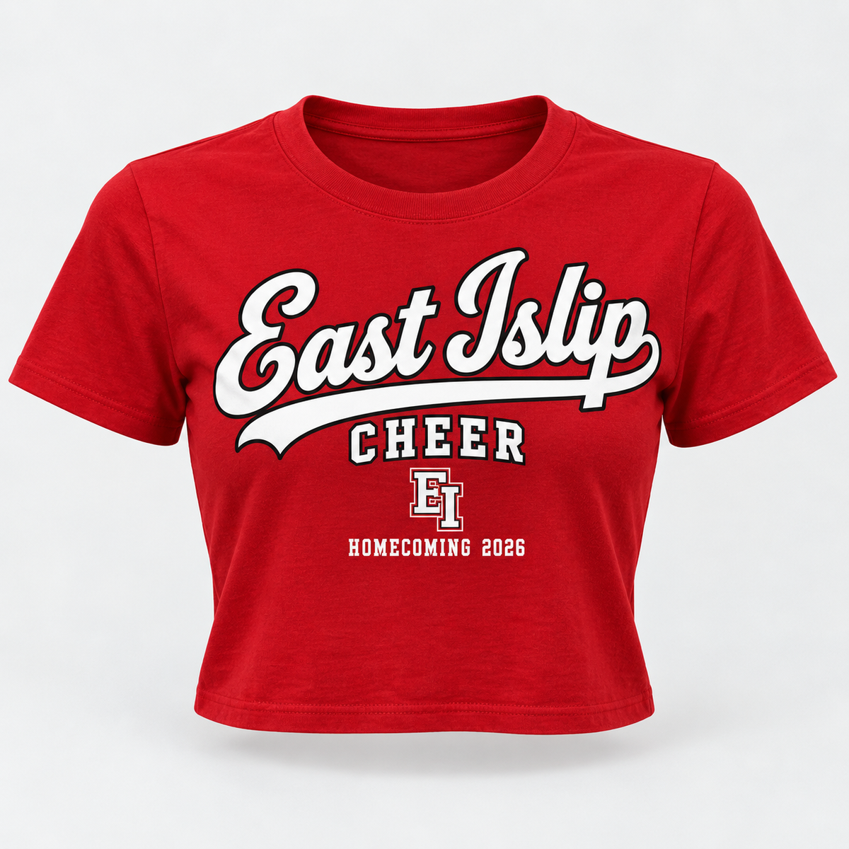 East Islip Cheer Homecoming 2026 Championship Script red cropped tee