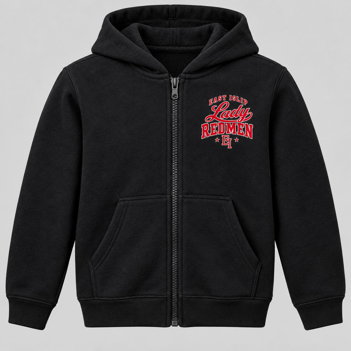East Islip Lady Redmen Youth Zip-Up Hoodie in Black