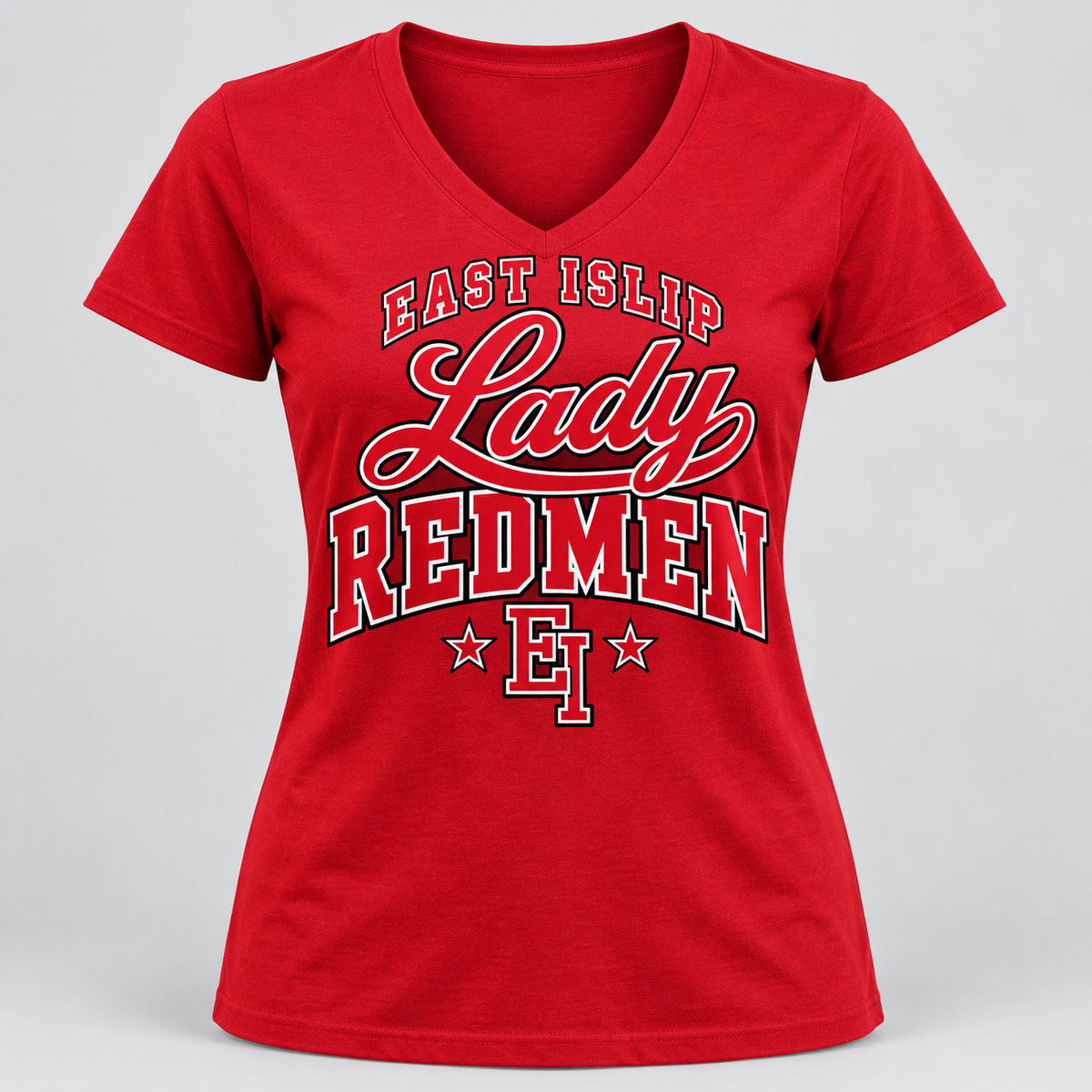 East Islip Lady Redmen Women's V-Neck Tee in Red
