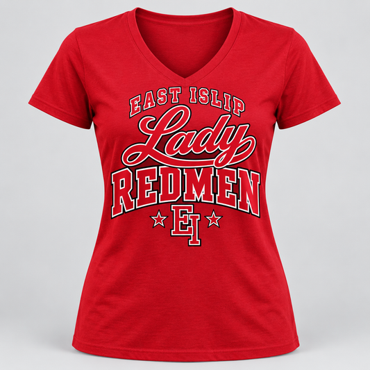 East Islip Lady Redmen Women's V-Neck Tee in Red