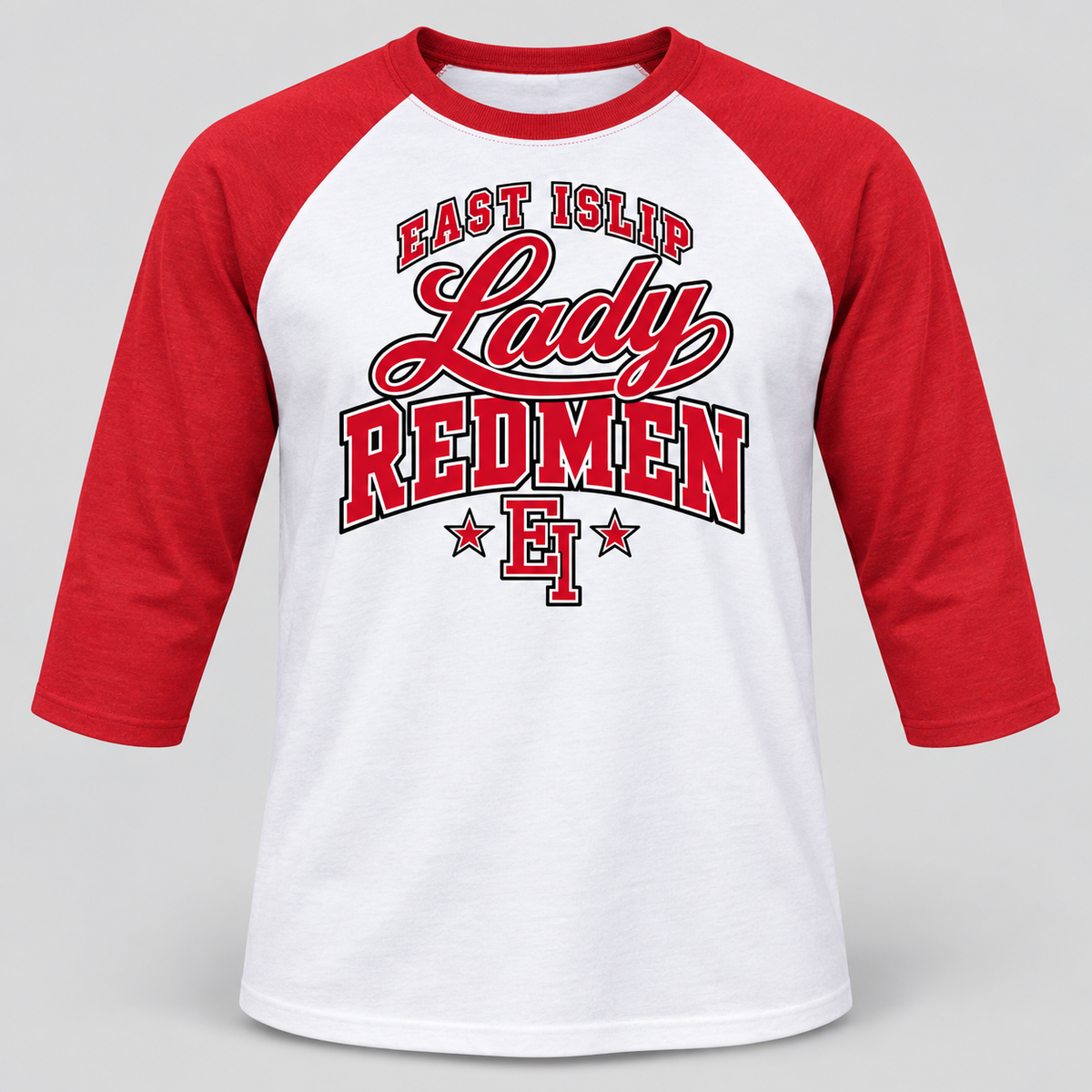 East Islip Lady Redmen Baseball Raglan Tee in White/Red