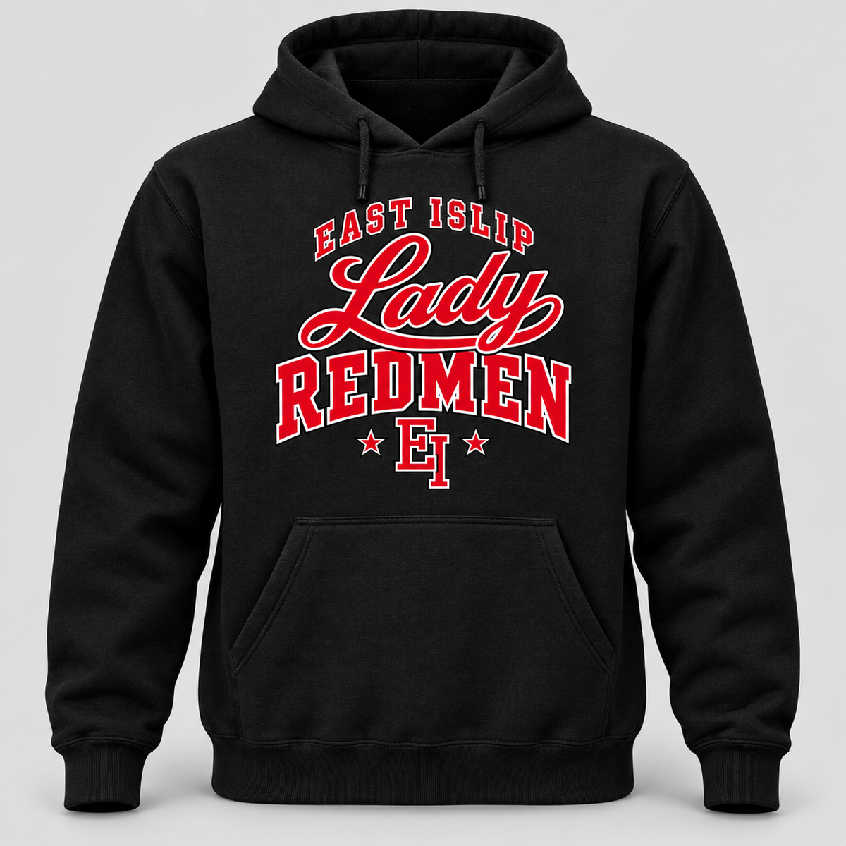 East Islip Lady Redmen Adult Pullover Hoodie in Black