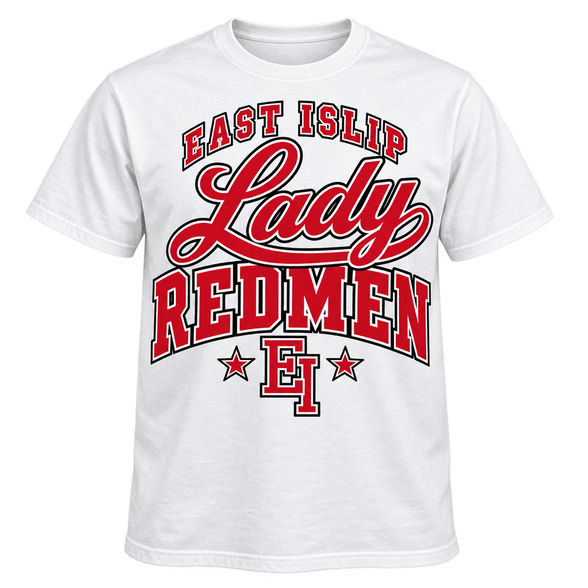 White East Islip Lady Redmen varsity adult tee with red and white front print