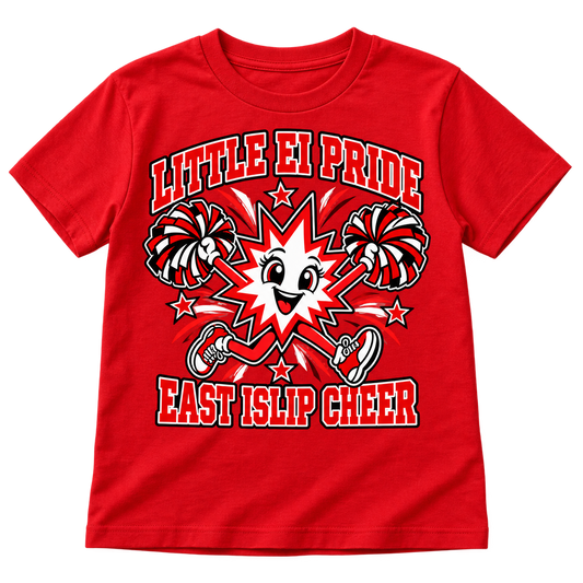 East Islip Little EI Pride youth cheer T-shirt in Red, front view