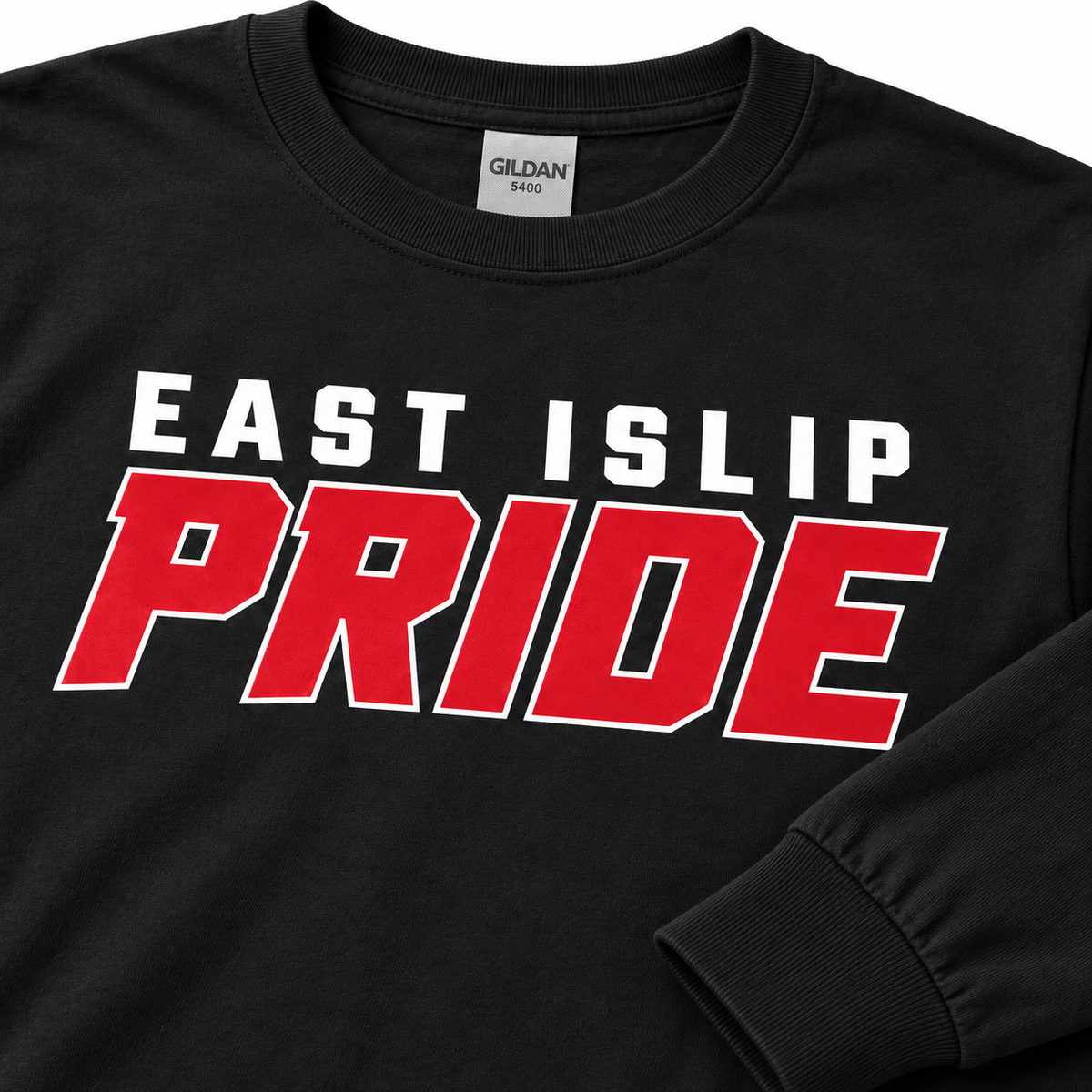 East Islip Pride long-sleeve tee detail showing flat chest print, cotton jersey, rib neckline and sleeve cuff