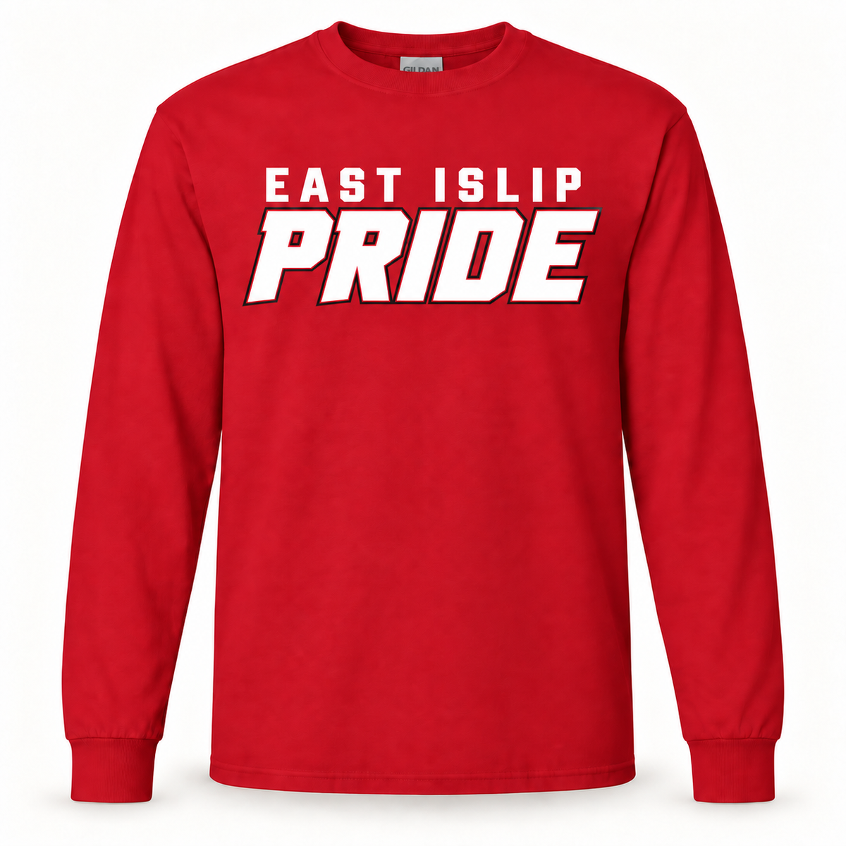 Red East Islip Pride long-sleeve T-shirt with white chest lettering and ribbed cuffs