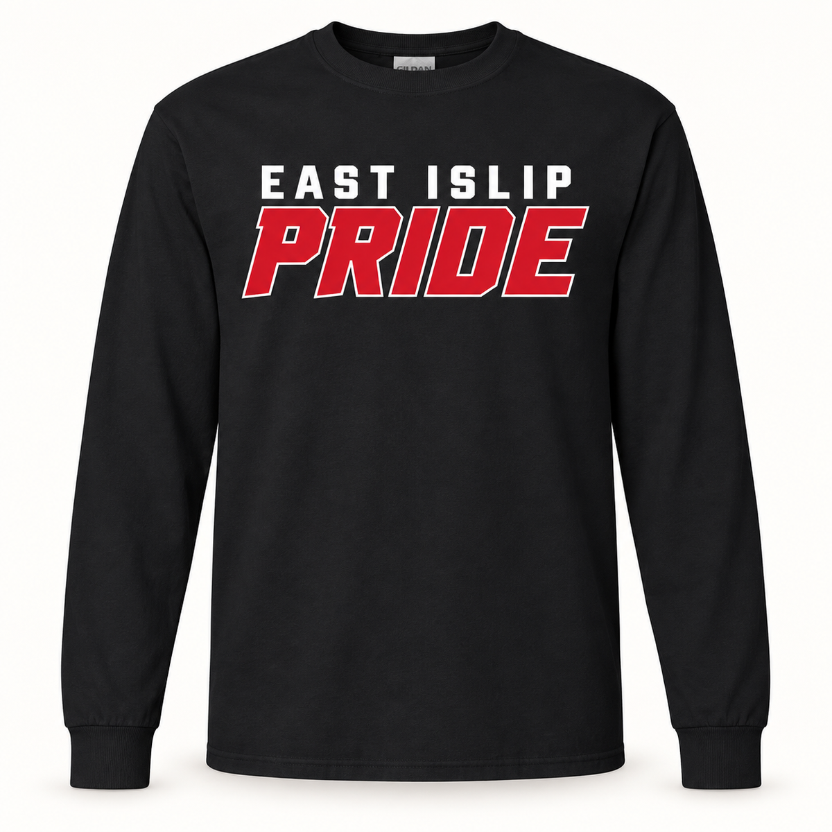 Black East Islip Pride long-sleeve T-shirt with red and white chest print and ribbed sleeve cuffs
