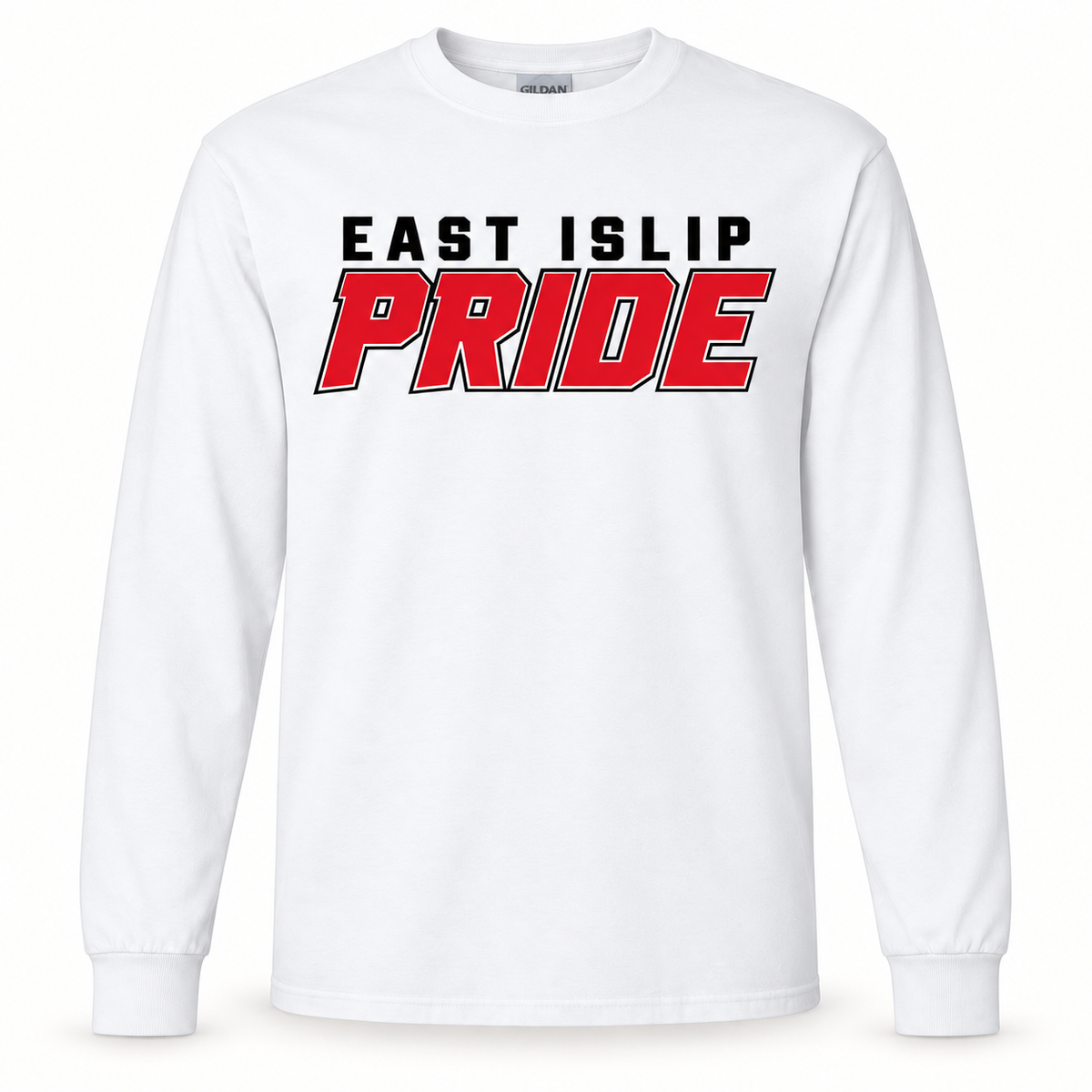White East Islip Pride long-sleeve T-shirt with red and black chest print and ribbed cuffs