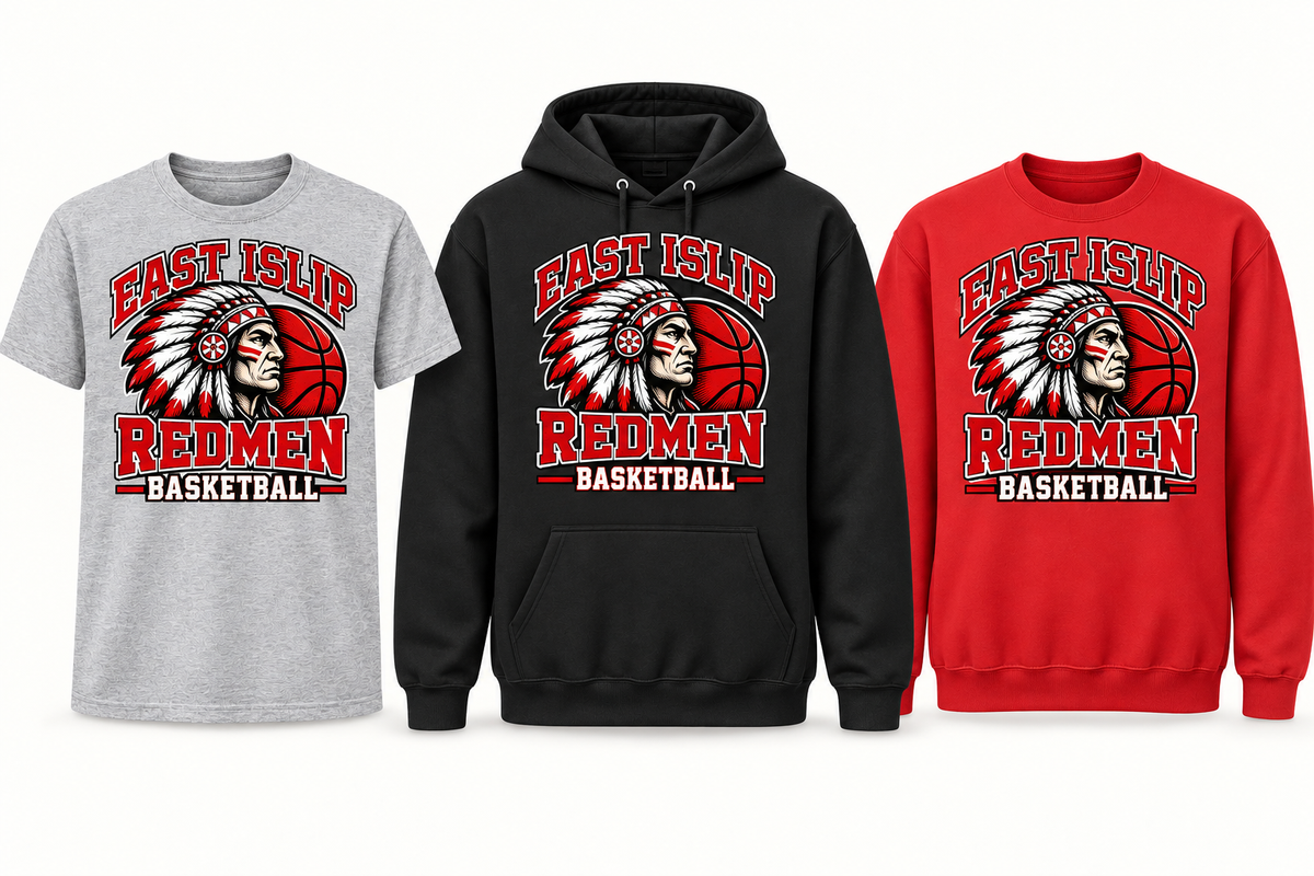 East Islip Redmen Basketball apparel with a basketball, showing tee, hoodie and crewneck choices