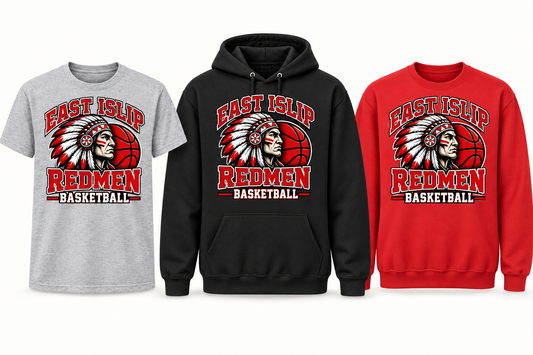 East Islip Redmen Basketball apparel with a basketball, showing tee, hoodie and crewneck choices