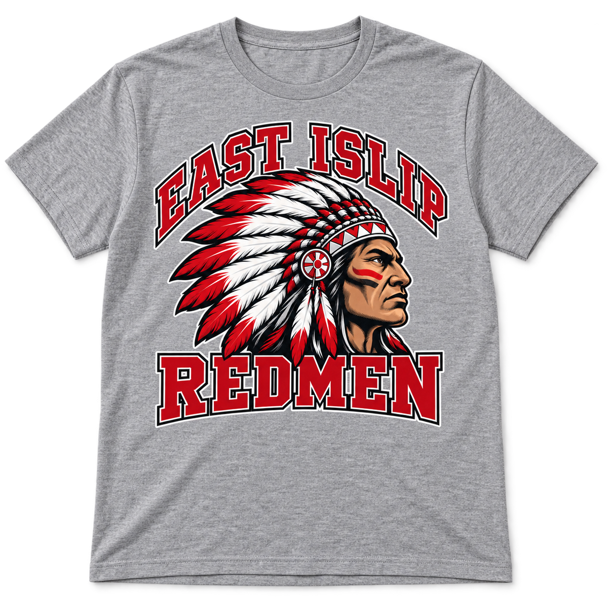 East Islip Redmen Classic Classic Adult Tee in Heather Gray; original mascot print