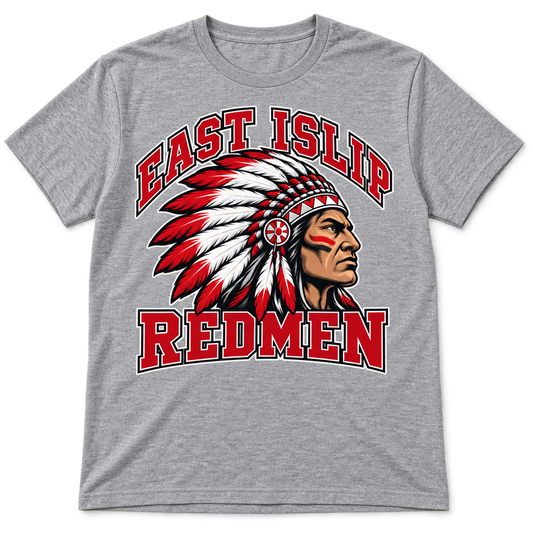 East Islip Redmen Classic Classic Adult Tee in Heather Gray; original mascot print