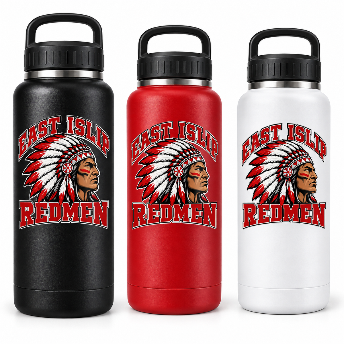 East Islip Redmen Classic 32 oz Water Bottle shown in Black, Red and White