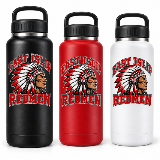 East Islip Redmen Classic 32 oz Water Bottle shown in Black, Red and White