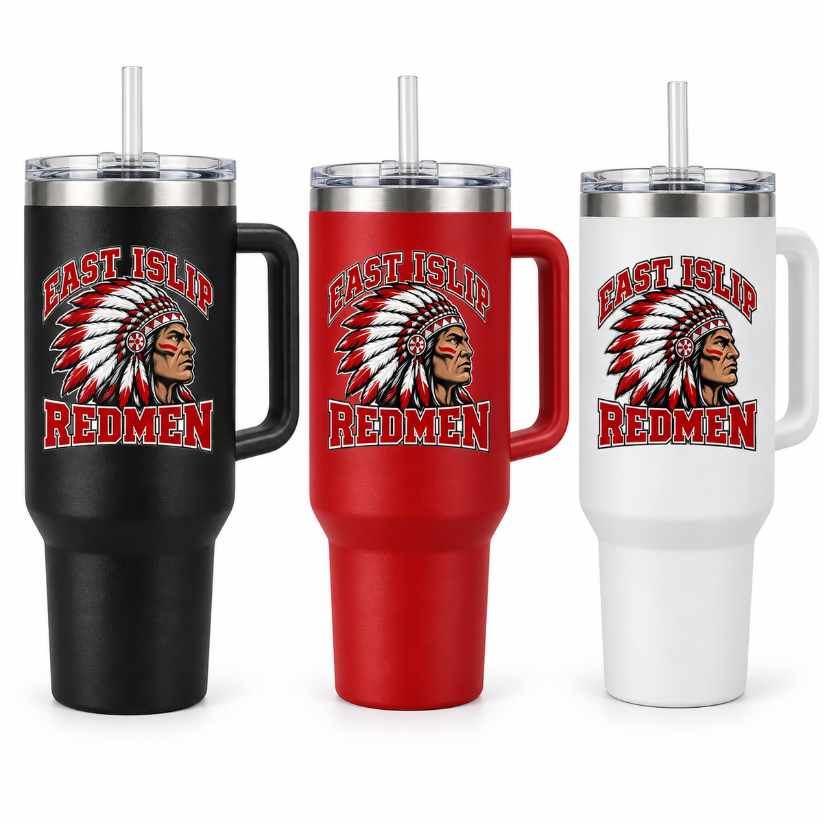 East Islip Redmen Classic 40 oz Handled Tumbler shown in Black, Red and White