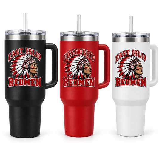 East Islip Redmen Classic 40 oz Handled Tumbler shown in Black, Red and White