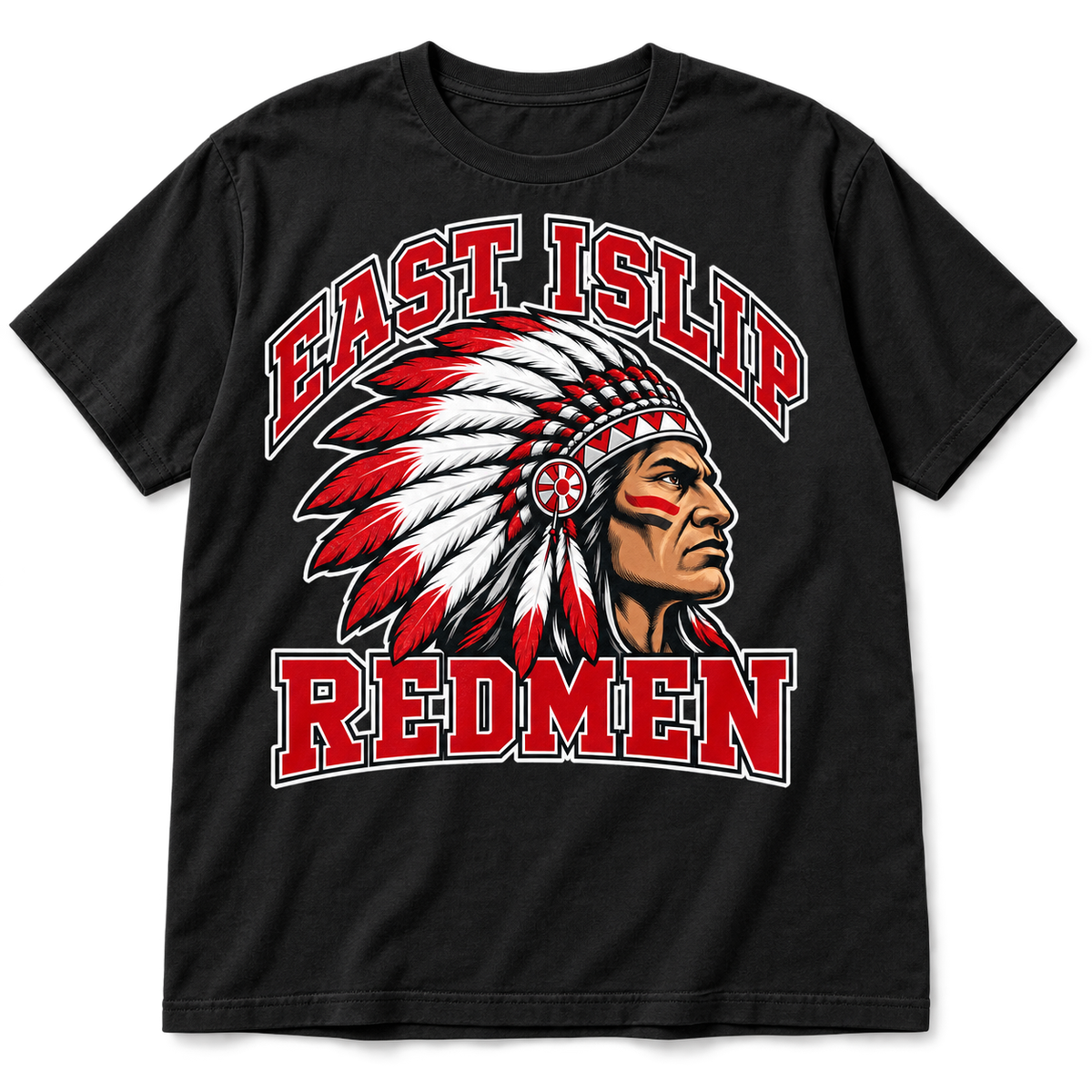 East Islip Redmen Classic Heavyweight Adult Tee in Black; original mascot print