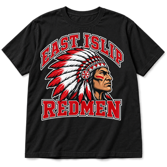 East Islip Redmen Classic Heavyweight Adult Tee in Black; original mascot print