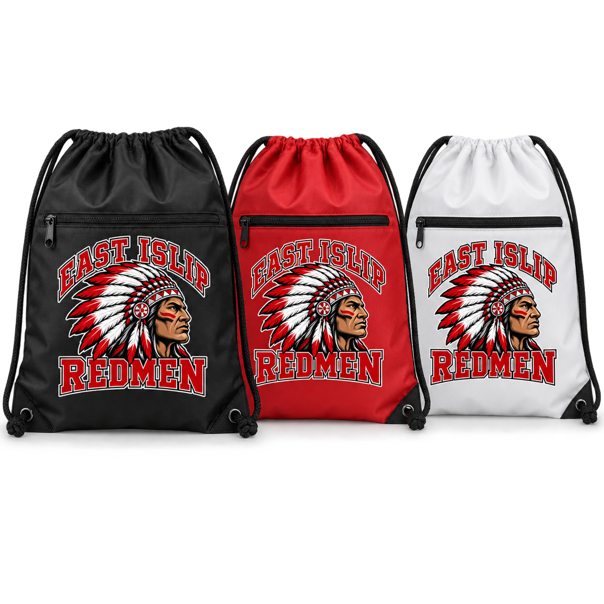 East Islip Redmen Classic Polyester Zip-Pocket Drawstring Bag shown in Black, Red and White